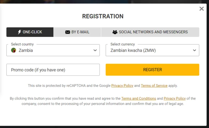 Melbet ZM registration form