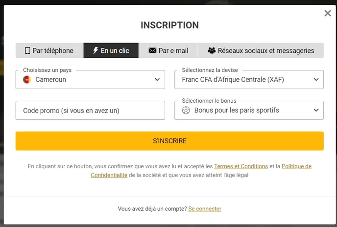 Inscription Melbet cm